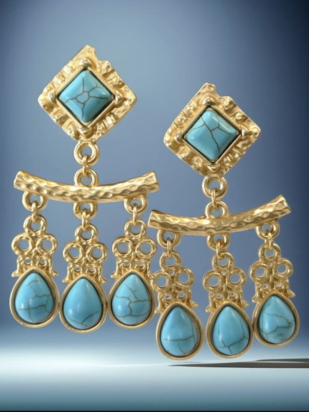 Huge 18k Matte Gold Plated Turquoise Etruscan Byzantine Statement Earrings